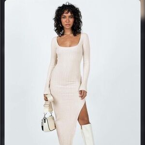 Ribbed Long Sleeve Scoop Neck Midi Dress in Cream princess polly